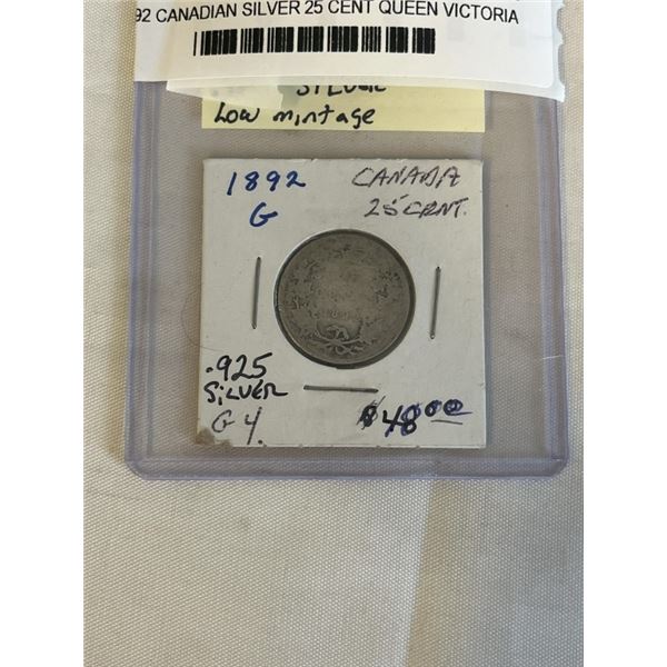 1892 CANADIAN SILVER 25 CENT QUEEN VICTORIA .925 SILVER LOW MINTAGE