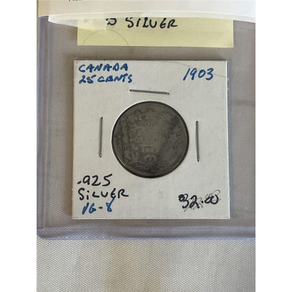 1903 CANADIAN SILVER 25 CENT KING EDWARD VII .925 SILVER