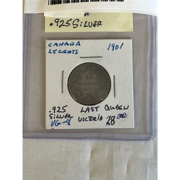 1901 CANADIAN SILVER 25 CENT LAST QUEEN VICTORIA .925 SILVER