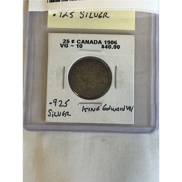 1906 CANADIAN SILVER 25 CENT KING EDWARD VII .925 SILVER