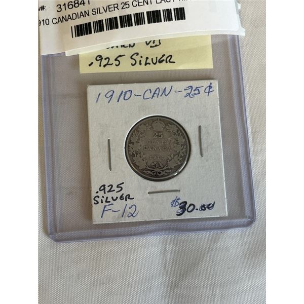 1910 CANADIAN SILVER 25 CENT LAST KING EDWARD VII .925 SILVER