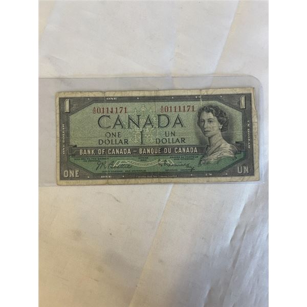 1954 CANADIAN $1 BILL WITH 5 ONES IN THE SERIAL NUMBER (0111171) RARE