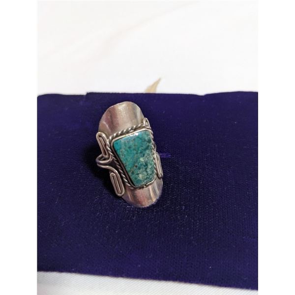 HAND CRAFTED STERLING SILVER W/ TURQUOISE STONE RING, SELF ADJUSTABLE