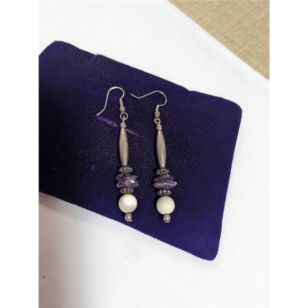 VINTAGE PAIR OF SILVER W/ AMETHYST AND MOTHER OF PEARL EARRINGS
