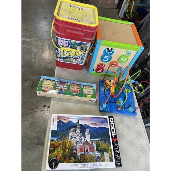 BUCKET OF LEGO, WHOE LIVES IN THE HOUSE BOOKS, BABY PUZZLE TOY AND 1000PC PUZZLE