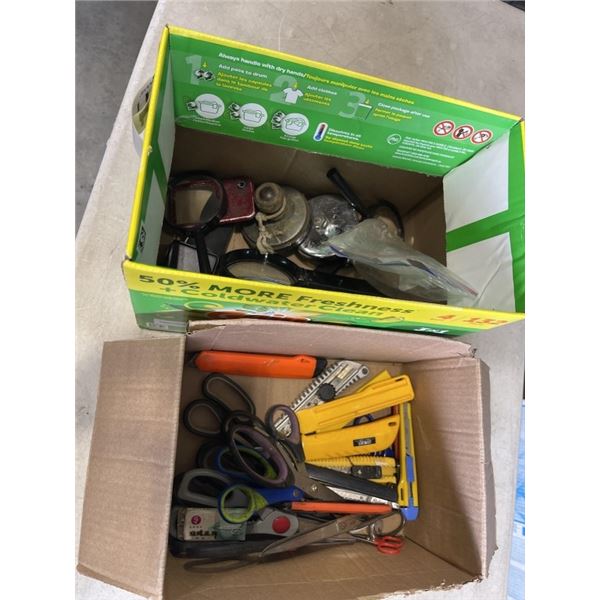 BOX OF SCISSORS AND EXACTO KNIVES AND BOX OF MAGNETS, MAGIFY GLASSES, SCALE, ETC
