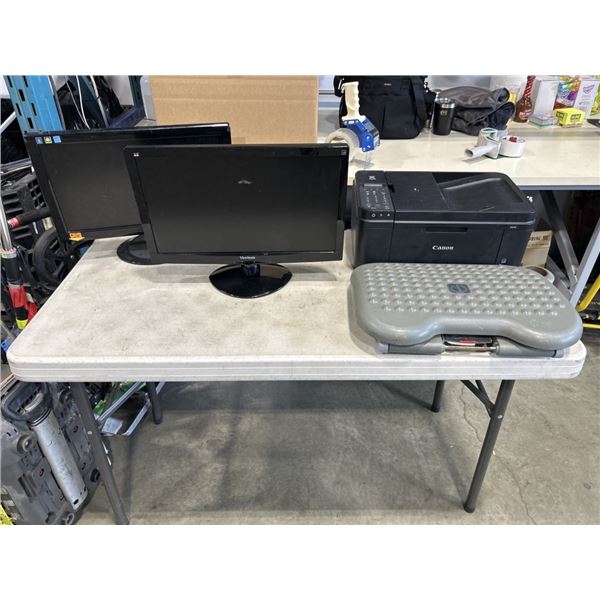 2 MONITORS, PIXMA PRINTER AND UNDER DESK FOOT REST