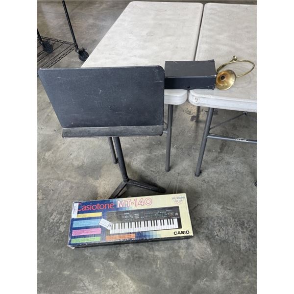 CASIOTONE KEYBOARD, MUSIC STAND, HORN, ETC