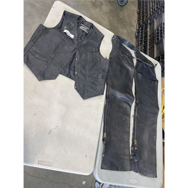 LEATHER CHAPS AND VEST, VEST IS SIZE XL