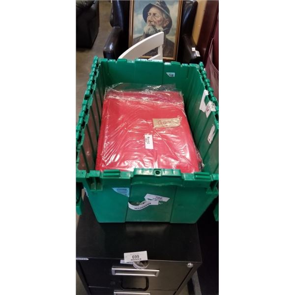 TOTE WITH 9 NEW RED TABLECLOTHS, 90X132