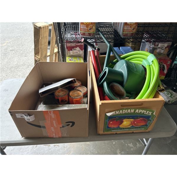 BOX OF VINTAGE TINS W/ HARDWARE, APPLE CRATE, AND HOSE