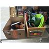 Image 1 : BOX OF VINTAGE TINS W/ HARDWARE, APPLE CRATE, AND HOSE