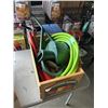 Image 2 : BOX OF VINTAGE TINS W/ HARDWARE, APPLE CRATE, AND HOSE
