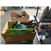 Image 3 : BOX OF VINTAGE TINS W/ HARDWARE, APPLE CRATE, AND HOSE