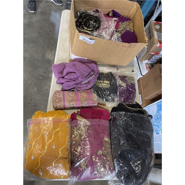 BOX OF NEW SOUTH ASIAN DRESSES, SCARVES, ETC