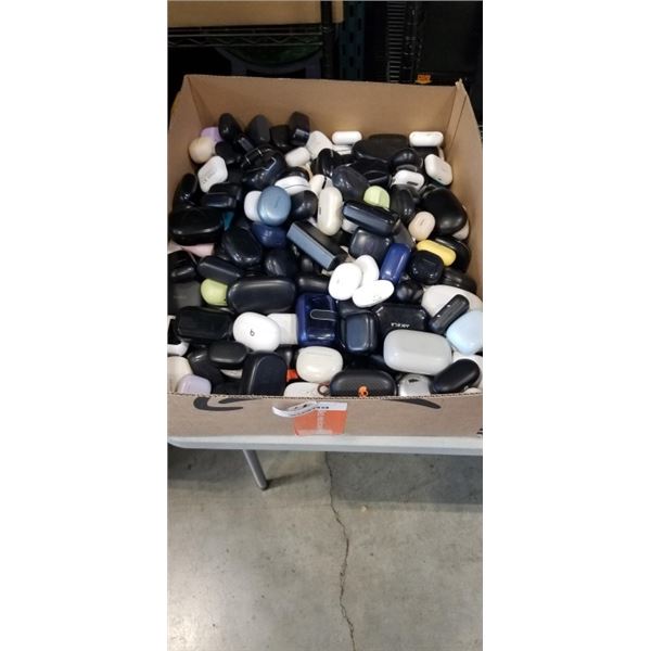 LARGE LOT OF ASSORTED BLUETOOTH EARBUD CASES, CASES ONLY, NO BUDS