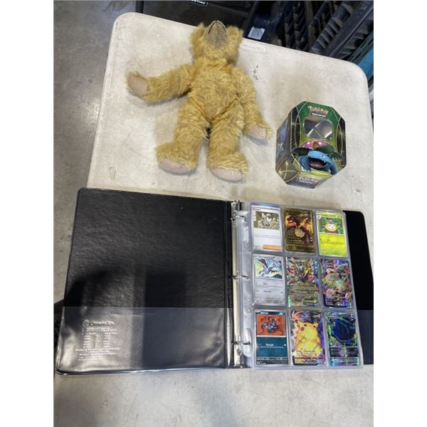 POKEMON BINDER OF CARDS - UNATHENTICATED, POKEMON  COLLECTOR TIN, AND VINTAGE RUSS COLBY BEAR