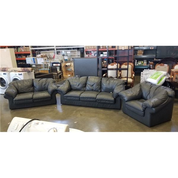 BLACK LEATHER SOFA, BLACK LEATHER LOVE SEAT AND BLACK LEATHER CHAIR