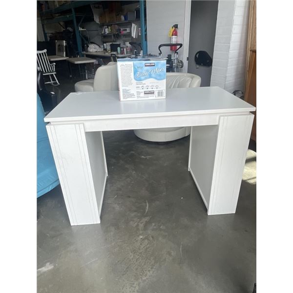 LARGE WHITE DESK W/ SIDE STORAGE SHELVES