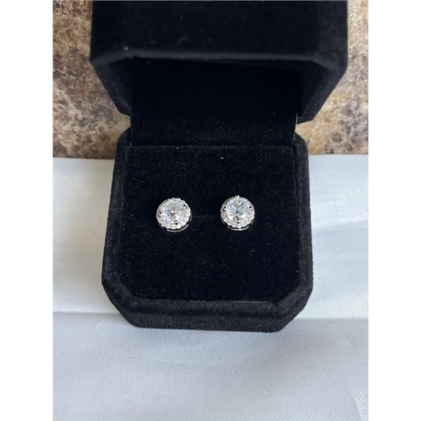 NEW PLATINUM PLATED 0.6CT EACH SIMULATED DIAMOND (CZ) HALO STUD EARRINGS