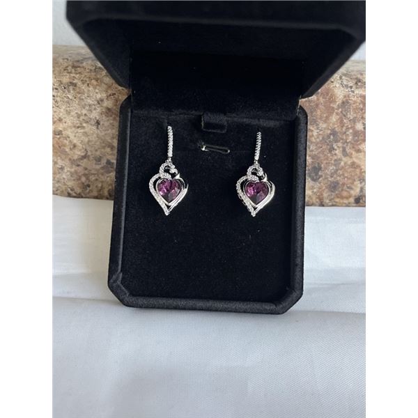 NEW PLATINUM PLATED 1.5CT EACH HEART CUT PURPLE SIMULATED DIAMOND (CZ) HEART FISH HOOK EARRINGS