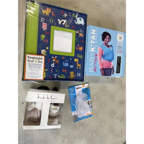 LOT OF NEW BABY ITEMS - NEW SHOES, WRAP CARRIER, MEMORY BOOK, ETC