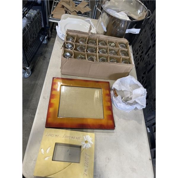 LARGE METAL COOKING POT WITH PLATES AND 2 PICTURE FRAMES AND BOX OF DRINKING GLASSES