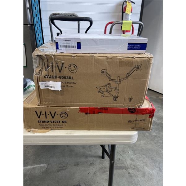 VIVO TRIPLE MONITOR DESK STAND + 1 ULTRAWIDE + 2 STANDARD, AND VIVO PNEUMATIC ARM DUAL MONITOR & LAP