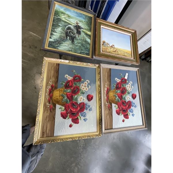 2 SIGNED OIL PAINTINGS AND 2 NEEDLE POINTS