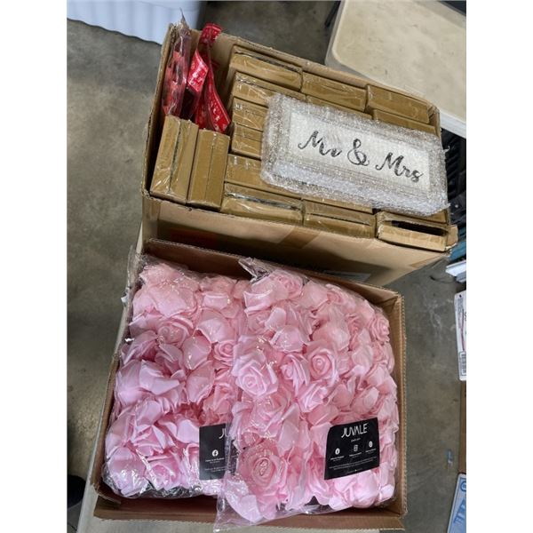 CASE OF NEW MR AND MRS SIGNS AND BOX OF NEW  PINK FAKE ROSE BUDS
