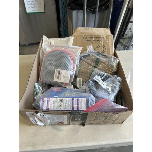 TRAY OF ITEMS INCLUDING MULTIFUNCTIONAL ARM TRAINER, 2 OXI CLEAN WASHING MACHINE CLEANER, PLUMPQWIK 