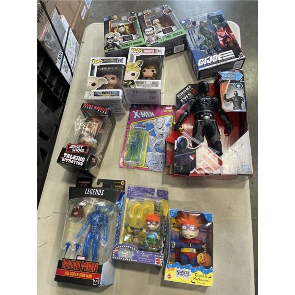 TRAY OF COLLECTABLES INCLUDING FUNKO POPS, METAL DIE CASTS, LEGENDS SERIES IRON MAN, SNAKE EYES G.I.