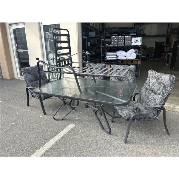 GLASSTOP PATIO TABLE W/ 4 CUSHIONED CHAIRS AND LOUNGE CHAIR FRAME ONLY