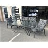 Image 1 : GLASSTOP PATIO TABLE W/ 4 CUSHIONED CHAIRS AND LOUNGE CHAIR FRAME ONLY