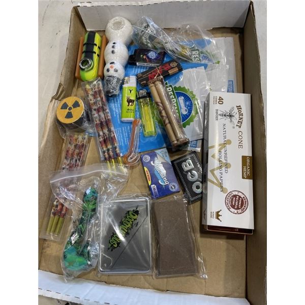 TRAY OF SMOKING ACCESSORIES INCLUDING PIPES, BONGS, ROLLING MACHINE, LIGHTERS