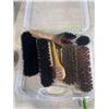 Image 3 : TRAY OF SHOE ITEMS INCLUDING WOODEN SHOE STRECHERS, KIWI SHOE POLISH, ATHLETES WORLD RAIN & STAIN PR