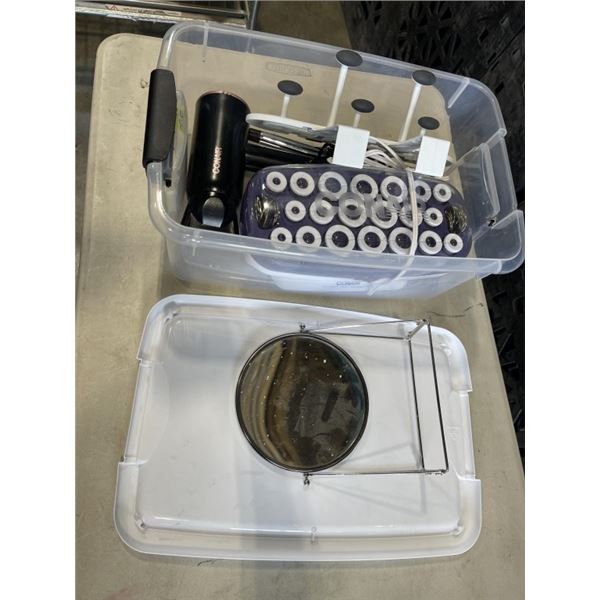 PLASTIC TOTE WITH CON AIR HAIR DRYER, HAIR CURLER SET AND MIRROR
