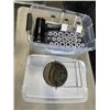 Image 1 : PLASTIC TOTE WITH CON AIR HAIR DRYER, HAIR CURLER SET AND MIRROR