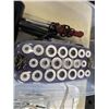 Image 4 : PLASTIC TOTE WITH CON AIR HAIR DRYER, HAIR CURLER SET AND MIRROR