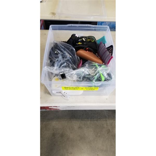 PLASTIC TOTE WITH APPROX 20 SUNGLASSES AND SUN GLASSES CASES