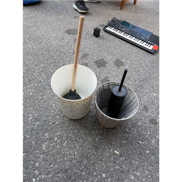 Garbage cans, plunger, and toilet cleaner