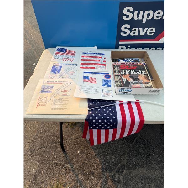 Assorted documents and magazines and flags