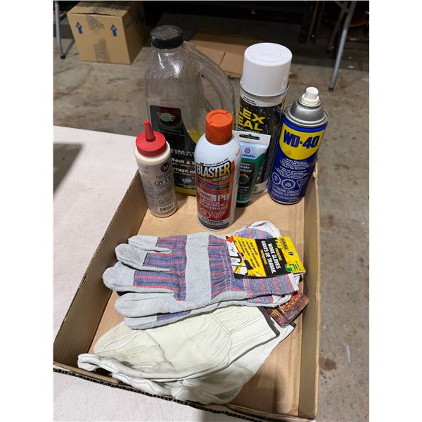 Garage related fluid and gloves.