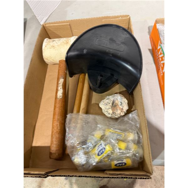 Mallet, earplugs, and hose holder