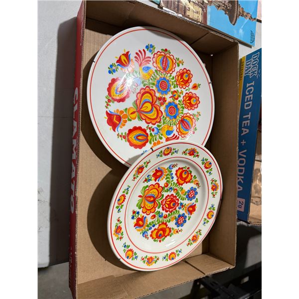 vintage decorative plates likely feature Hungarian Kalocsa-style hand-painted floral motifs