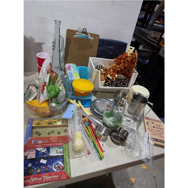 Assorted kitchen items, wine, markers, tupperware etc.