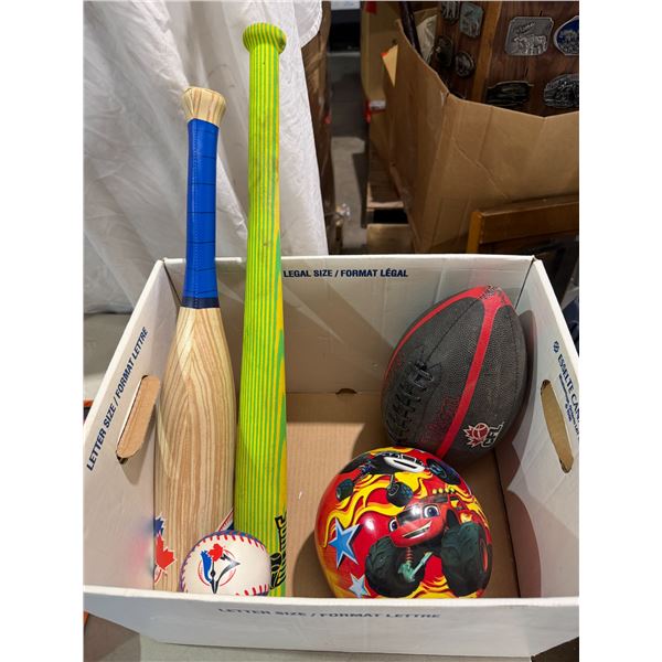 Sports balls, and bat