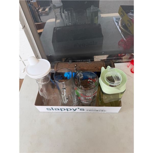 Glass, pitcher, jugs, and other items