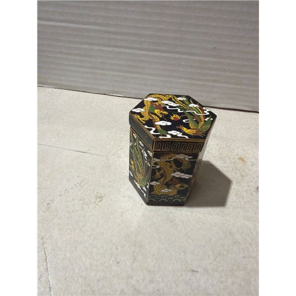 Lidded hexagonal Cloisonne jar with Dragons & Phoenix