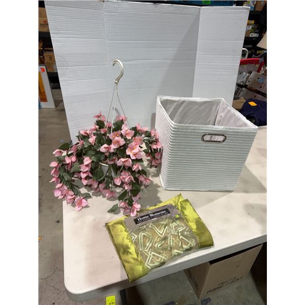 Artificial flower storage bin and table runner